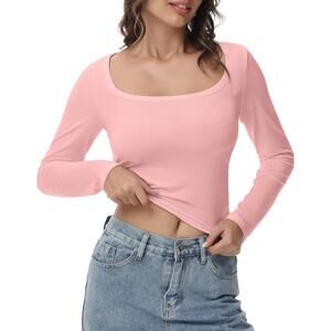 GGVO Womens Long Sleeve Top Slim Fitted Cotton Shirt Square Crewneck Tee Medium